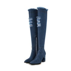 Pointed Toe Chunky Heels Over the Knee Denim Boots - Blue