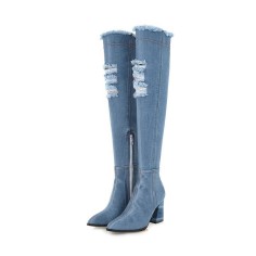 Pointed Toe Chunky Heels Over the Knee Denim Boots - SkyBlue