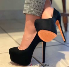 Round Toe Stiletto Heels Platforms Glossy Pumps - Black Flock