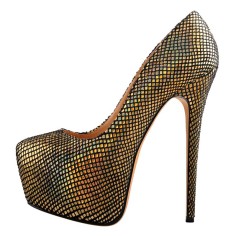 Round Toe Stiletto Heels Platforms Glossy Sequins Pumps - Gold Faux Leather