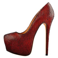Round Toe Stiletto Heels Platforms Glossy Sequins Pumps - Red Faux Leather