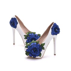 Round Toe Floral Lace Covered Stiletto Heels Platforms Pumps - Blue