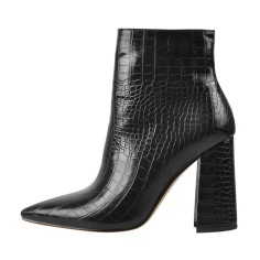 Pointed Toe Chunky Heels Crocodile Pattern Ankle Highs Boots - Black Faux Leather