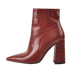Pointed Toe Chunky Heels Crocodile Pattern Ankle Highs Boots - Brown Faux Leather
