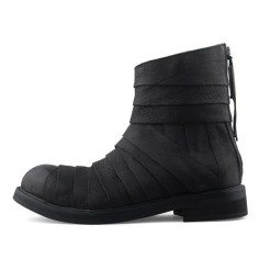 Round Toe Punk Rock Style Genuine Spliced Leather Mid Calf Handmade Ankle Highs Zipper Unisex Boots - Black
