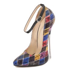 Pointed Toe Stiletto Heels Ankle Buckle Straps Patchwork Pattern Pumps - SkyBlue Patent