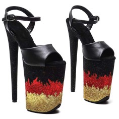 Peep Toe Stiletto Heels Glitters Platform Multicolor German Flag Ankle Buckle Straps Sandals - Black Faux Leather
