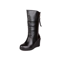 Round Toe Wedges Pull On Plush Fur Winter Ankle Boots - Black