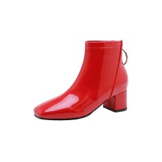 Chunky Heels Autumn Solid Ankle Boots with Back Zipper - Red
