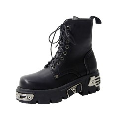 Round Toe Ankle High Lace Up Metal Decor Chunky Heels Platforms Punk Winter Boots - Black