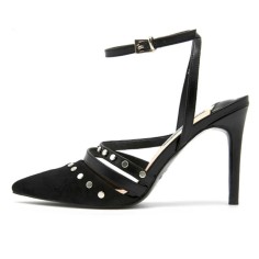 Pointed Toe Rivet Decorated Stiletto Heels Ankle Buckle Straps Sandals - Black