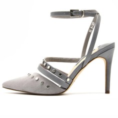 Pointed Toe Rivet Decorated Stiletto Heels Ankle Buckle Straps Sandals - Gray