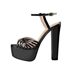 Chunky Heels Ankle Strap Platfom Patent Sandals - Black