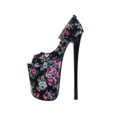 Peep Toe Stiletto Heels Ankle Buckle Straps Flowers Platforms Pumps - Black