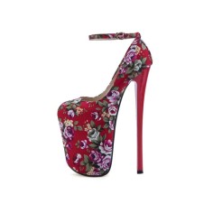 Round Toe Stiletto Heels Ankle Buckle Straps  Flowers Platforms Pumps - Red