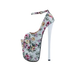 Peep Toe Stiletto Heels Ankle Buckle Straps Flowers Platforms Pumps - White