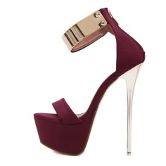 Peep Toe Ankle Metal Straps Stiletto Heels Back Zipper Platforms Sandals Pumps - Wine Red Flock