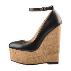 Round Toe Platforms Ankle Buckle Straps Matte Wedges Sandals - Black Faux Leather