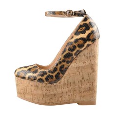 Round Toe Platforms Ankle Buckle Straps Leopard Wedges Sandals - Tan Faux Leather