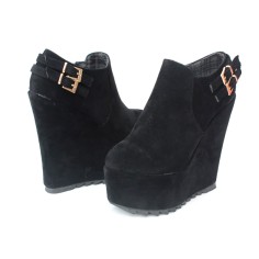 Round Toe Wedges Heels Platforms Buckle Straps Pumps - Black