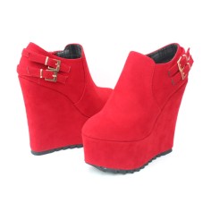 Round Toe Wedges Heels Platforms Buckle Straps Pumps - Red