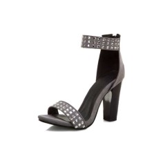 Rivet Decorated Chunky Heels Ankle Straps Zipper Sandals - Gray