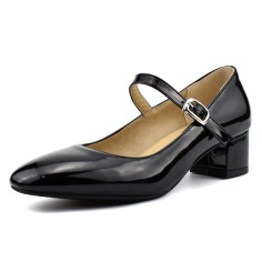 Pointed Toe Block Heels Buckle Straps Mary Janes Shoes - Black