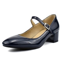 Pointed Toe Block Heels Buckle Straps Mary Janes Shoes - Dark Blue