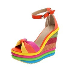 Platform Peep Toe Rainbow Mushroom Wedge Ankle Strap Sandals  - Red