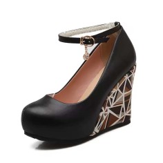 Round Toe Triangle Geometric Printed Ankle Buckle Straps Wedges Pumps - Black Faux Leather
