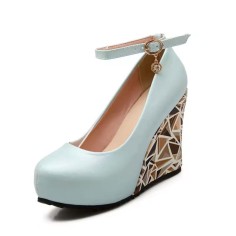 Round Toe Triangle Geometric Printed Ankle Buckle Straps Wedges Pumps - SkyBlue Faux Leather