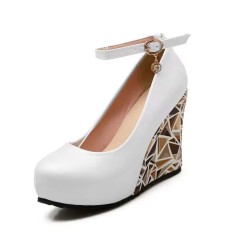 Round Toe Triangle Geometric Printed Ankle Buckle Straps Wedges Pumps - Pink Faux Leather