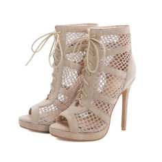 Peep Toe Stiletto Heels Ankle Lace Up Transparent Sandals - Beige