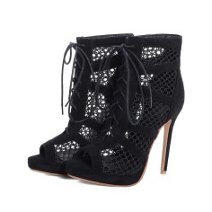 Peep Toe Stiletto Heels Ankle Lace Up Transparent Sandals - Black