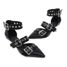 Pointed Toe Kitten Metal Heels Ankle Buckle Straps Rivets Punk Gothic Pumps - Black Faux Leather