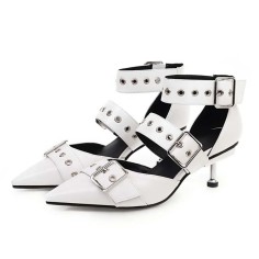 Pointed Toe Kitten Metal Heels Ankle Buckle Straps Rivets Punk Gothic Pumps - White Faux Leather