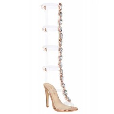 Peep Toe Gladiator Buckle Transparent T Straps Stiletto Heels Rhinestones Sandals - Gold PVC