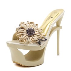 Peep Toe Stiletto Heels Mesh Rhinestones Floral Platforms Sandals Slippers - Beige Satin