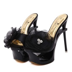 Peep Toe Stiletto Heels Mesh Rhinestones Rose Platforms Sandals Slippers - Black Satin
