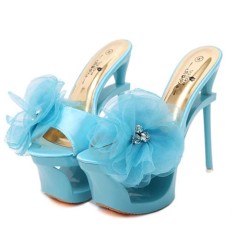 Peep Toe Stiletto Heels Mesh Rhinestones Rose Platforms Sandals Slippers - Blue Satin