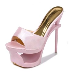 Peep Toe Stiletto Heels Platforms Sandals Slippers - Lightpink Satin