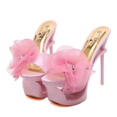 Peep Toe Stiletto Heels Mesh Rhinestones Rose Platforms Sandals Slippers - Pink Satin