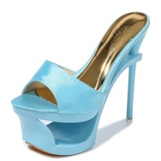 Peep Toe Stiletto Heels Platforms Sandals Slippers - Skyblue Satin