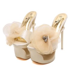 Peep Toe Stiletto Heels Mesh Rhinestones Rose Platforms Sandals Slippers - Satin Fabric