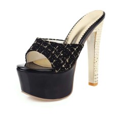 Peep Toe Block Golden Heels Platforms Stylish Sandals - Black Flock