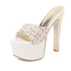 Peep Toe Block Golden Heels Platforms Stylish Sandals - White Flock