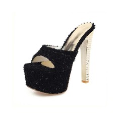Peep Toe Block Heels Flock Platforms Slippers Sandals - Black