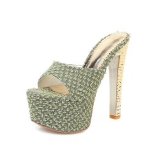 Peep Toe Block Heels Flock Platforms Slippers Sandals - Army Green