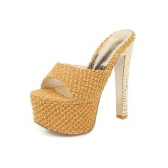 Peep Toe Block Heels Flock Platforms Slippers Sandals - Yellow
