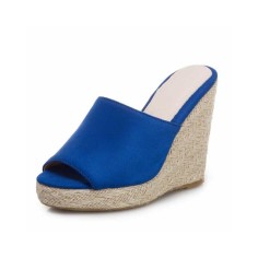 Peep Toe Knitted Straw Wedges Flock Suede Sandal  - Blue